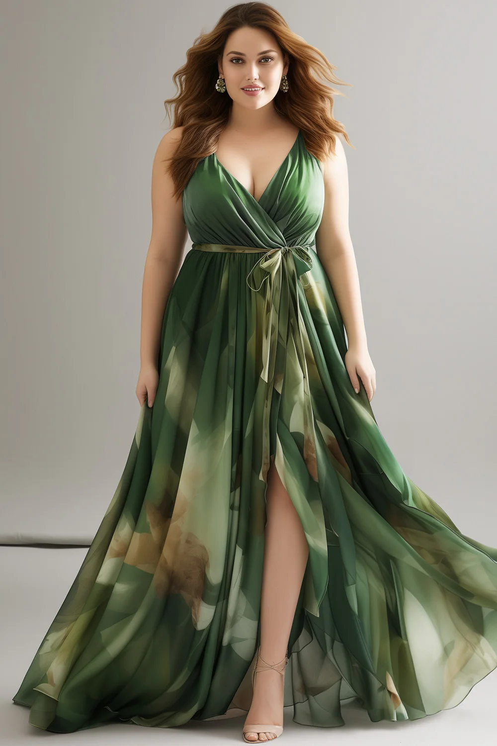 

Flycurvy Plus Size Wedding Guest Green Chiffon Floral Print Wrap Slit Cami Maxi Dress