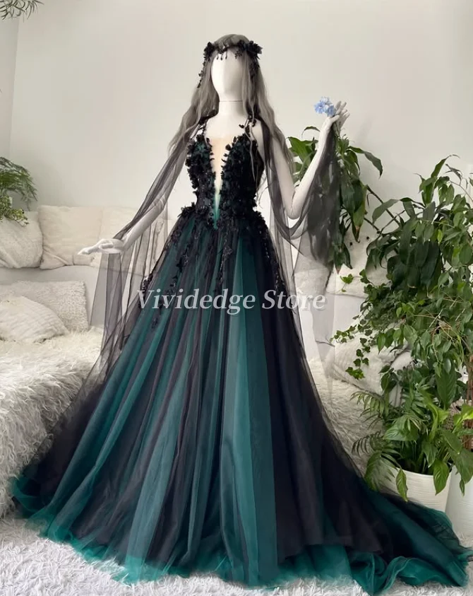Customized  Vintage V-Neck Green Prom Dresses Black Tulle Flower Applique Corset Long A-Line Dresses Evening Gowns