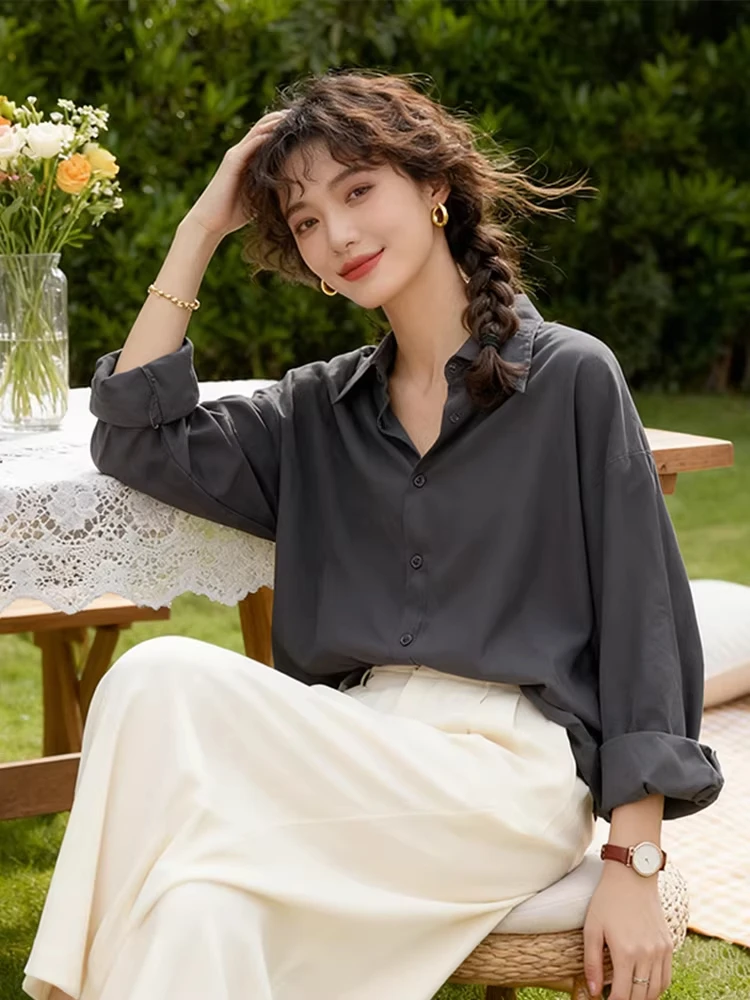 

Женская рубашка свободного кроя с длинным рукавом и отложным воротником, весна-осень, повседневная, универсальная, комфортная, нежная, элегантная.