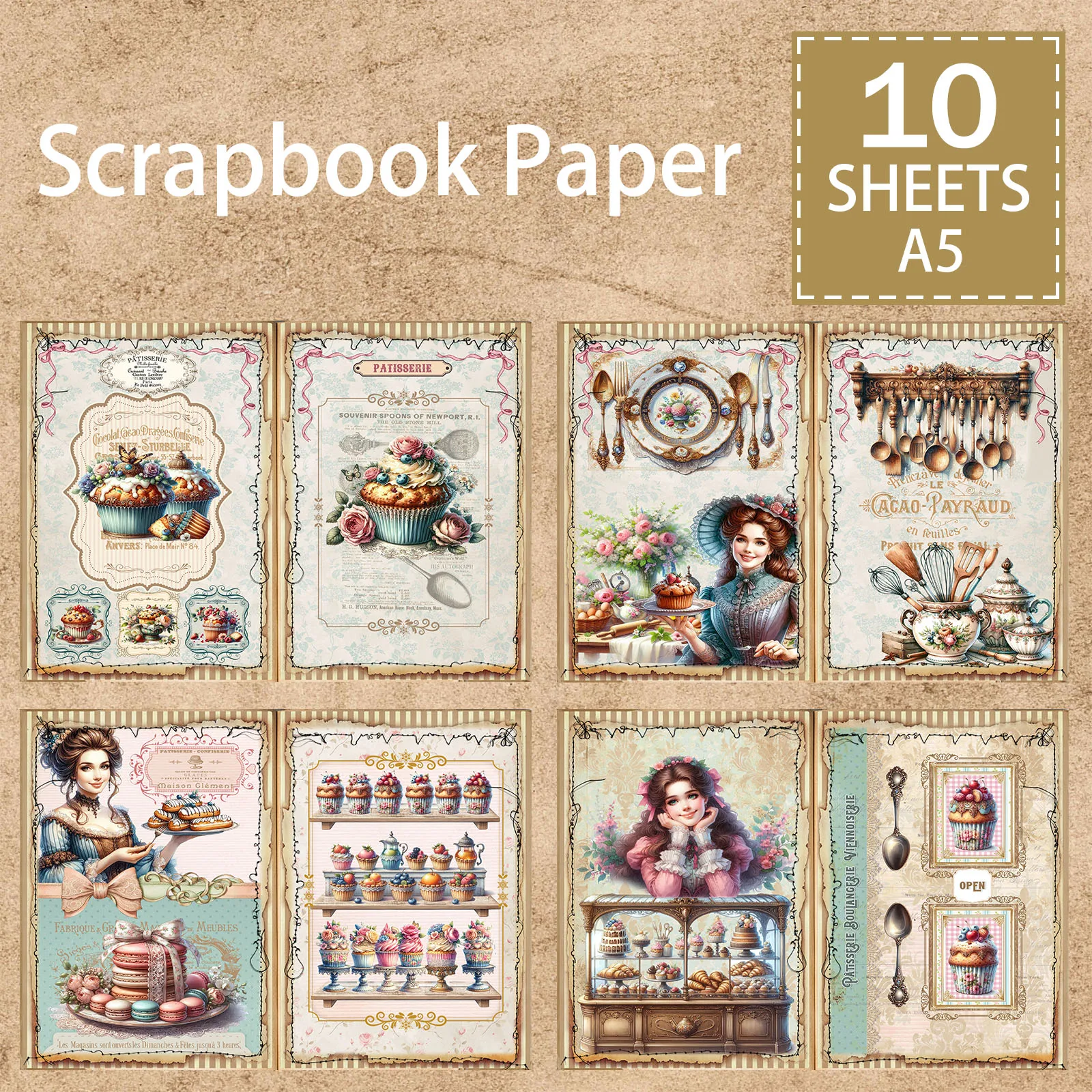10 Sheets A5 Size Victorian Girls Cake Cooking Cupcakes Background Vintage Grunge Journal Planning Scrapbooking