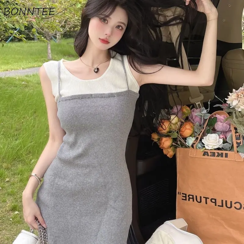 فساتين بدون أكمام للنساء مكونة من قطعتين منسوجة صيفية مثيرة صغيرة مرقعة تناسب كل مباراة على الطراز الكوري الحلو فساتين عصرية #5