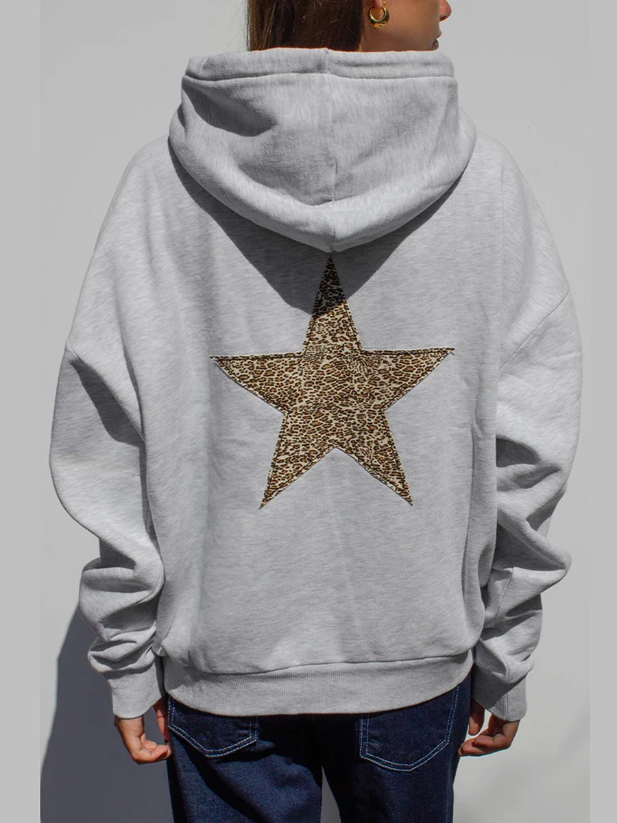 Women\'s Sweatshirts Fall Winter Casual Loose Star Print Long Sleeve Slim Hooded Sweatshirt with Front Pocket Oversize Hoodie