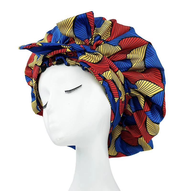 New African Ankara Pattern Satin Linned Bonnet Women Long Ribbon Headwrap Double Layer Headscarf Big Size Adult Hair Cover