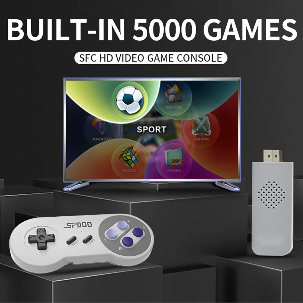 Game Consoles 5000+ Emulator Files for TV Projector HDMI Compatible Stick NES SFC GB PS Supported SF900 with 2 Wireless Gamepad