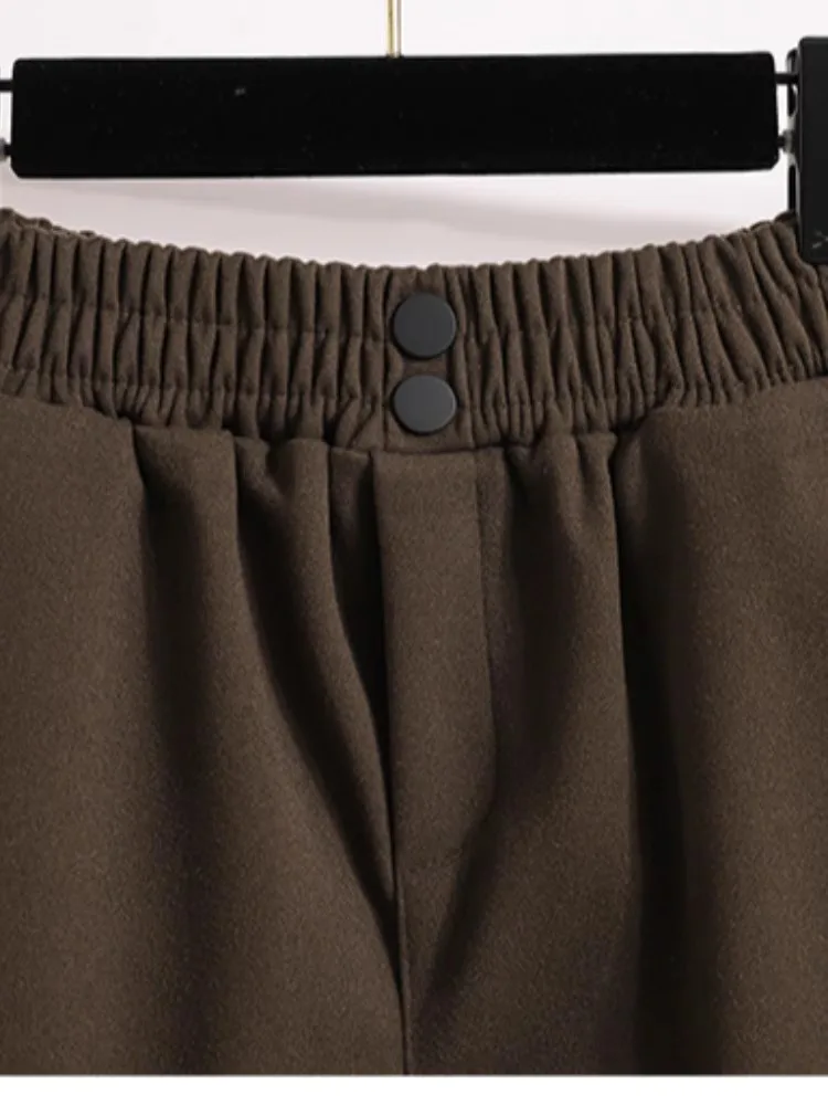 S-3XL المتضخم مرونة الخصر السراويل الصوفية لخريف شتاء 2025 جديد فضفاض واسعة الساق السراويل السيدات عادية ألف خط سراويل قصيرة