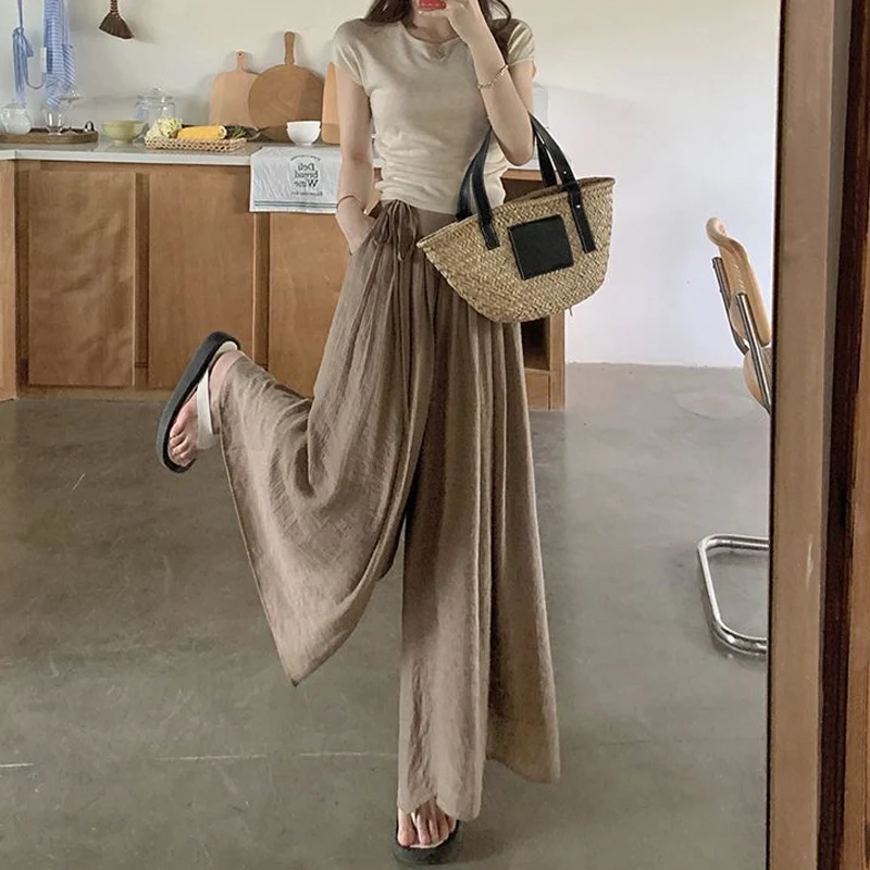 Summer Vintage Ethnic Style Wide Leg Trousers Women Elastic Waist Loose Fashion Pleated Comfortable Bandage Personality Pants