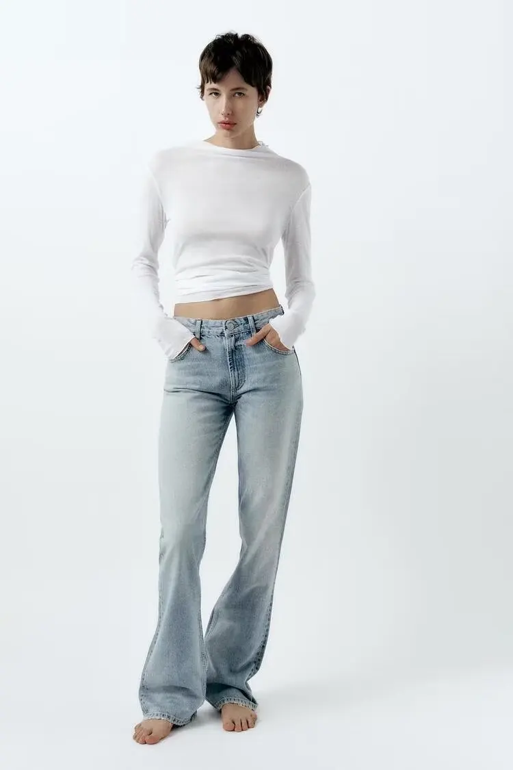 

Spring 2024 New TRF Women's High Waist Bell Bot Jeans Deep Blue Denim Wear Resistant Long Trousers Zipper Closure