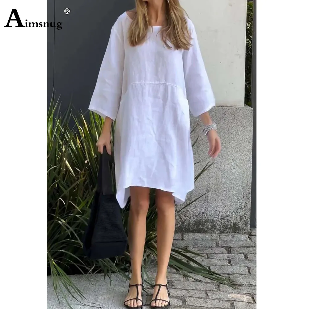 Plus Size Women Casual Stand Pocket Linen Dress White Red Soft Beach Dress Vintage 2024 Long Sleeve A-line Dresses Femme 4XL 5XL