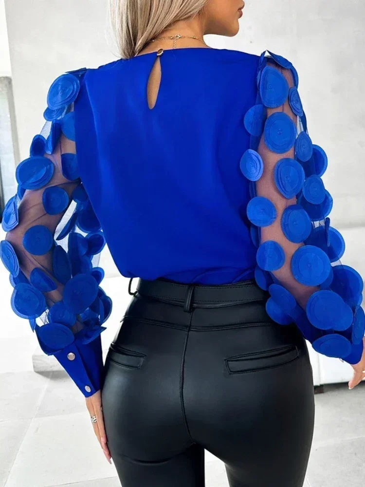 

Новая женская блузка и рубашка 2024 года: элегантная офисная блузка с пышными рукавами и круглым вырезом, повседневный топ для женщин