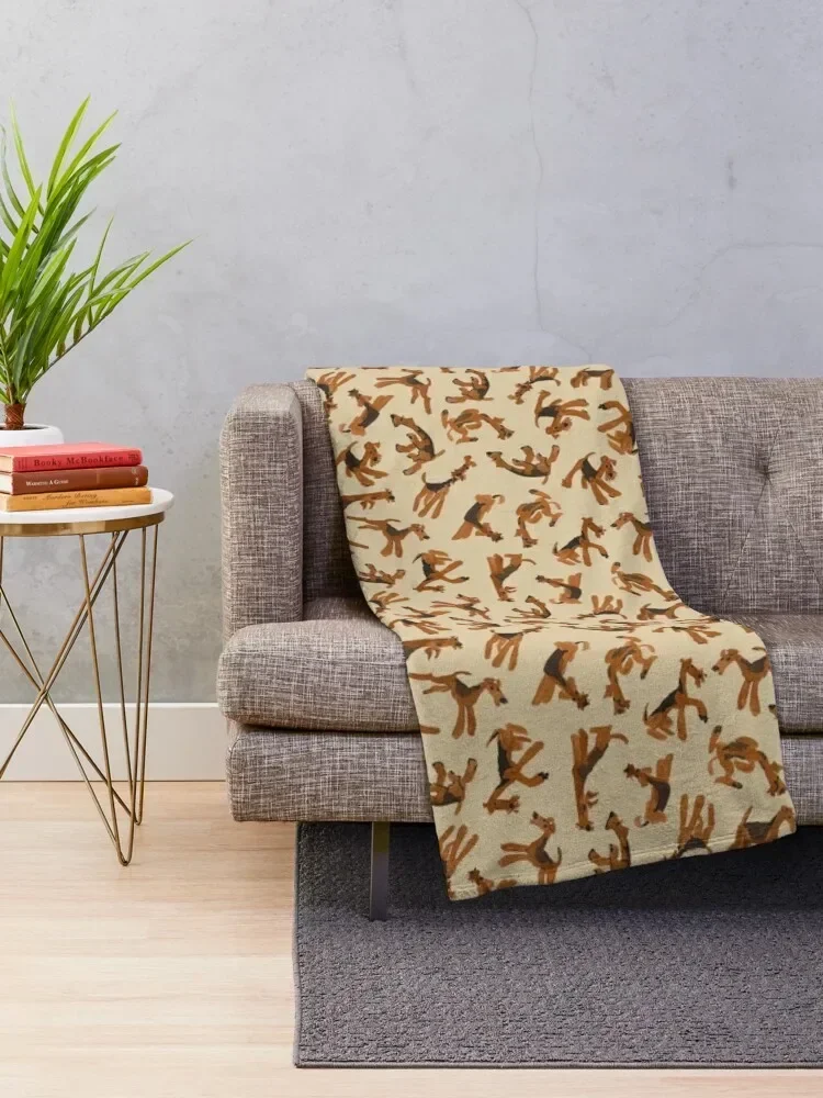 A Romp of Airedales on Tan Throw Blanket for winter Luxury Designer Blankets