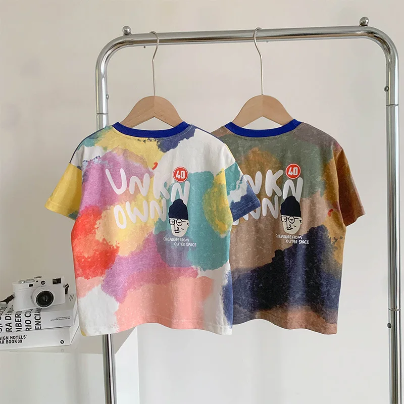 2023 Summer Children T Shirts Tie Dye Style T-shirt for Girls Boy Short-sleeve Kids Tees Cartoon Toddler Outerwear 1-8T