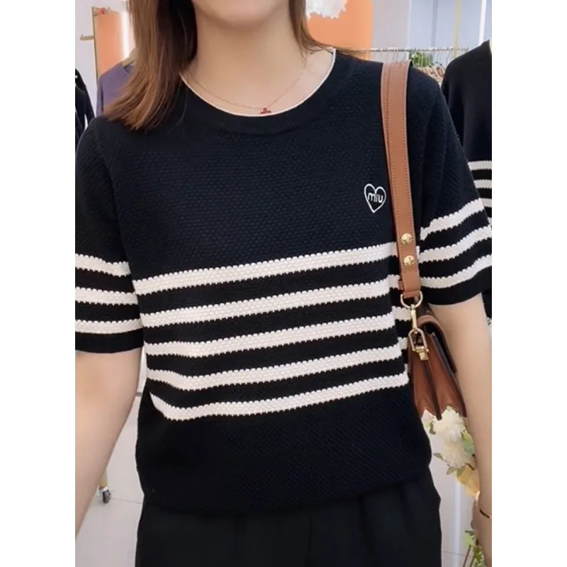 2023 Spring/Summer New Boutique Cashmere Embroidery Pullover Striped Short Sleeve Women\'s O-Neck Fashion Soft Pullover