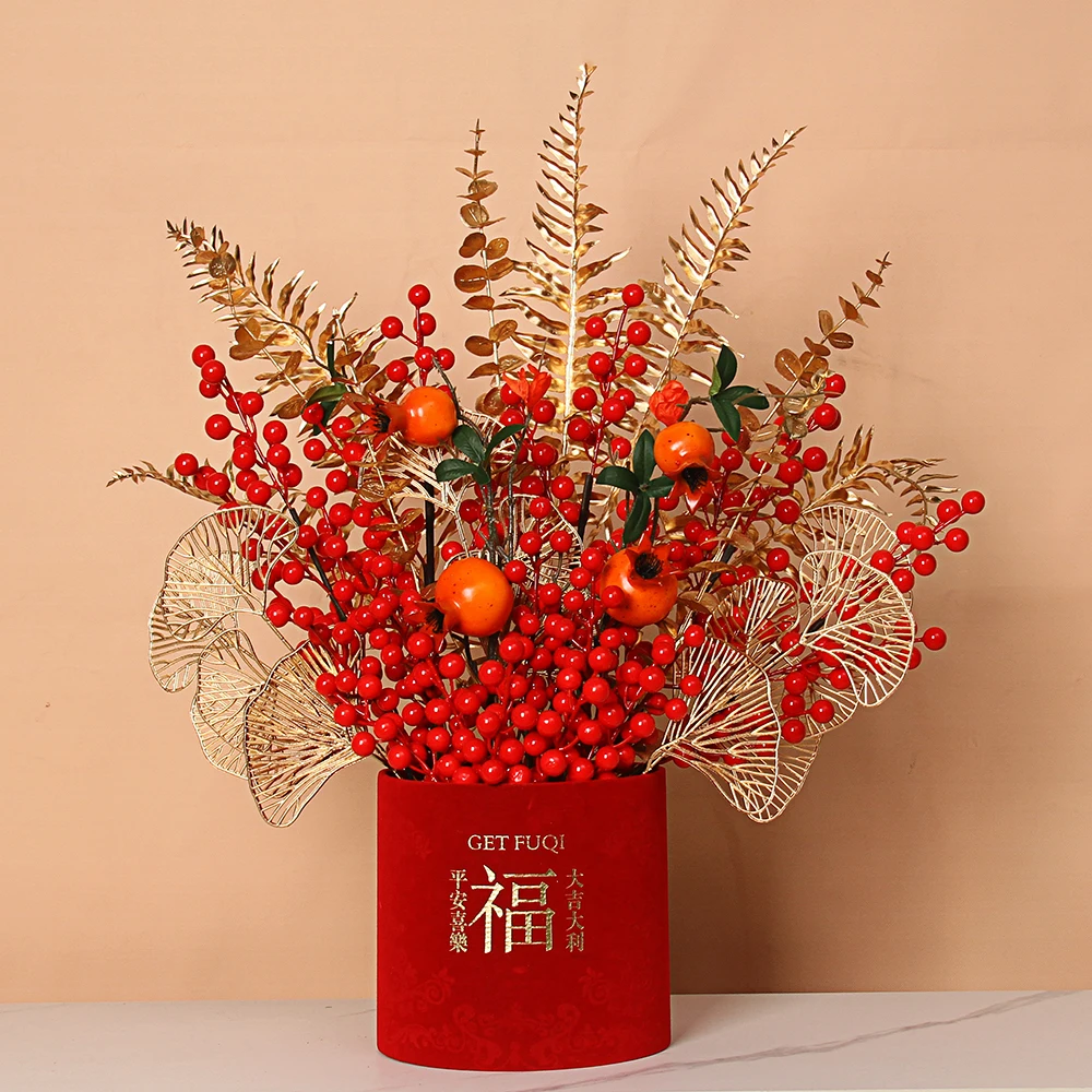 

New Year Lucky Fruit Pomegranate Fake Flowers Winter Green Potted Decorations for New Home Moving Marriage Table Ornaments