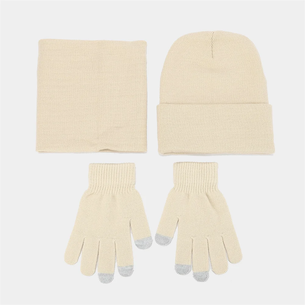 New Fashion Adult Winter Outfit Solid-color Beanie Hat Scarf And Gloves Sets Outdoor Warm Knitted Hat Set