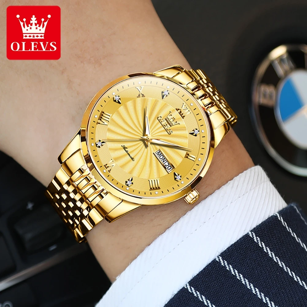 Mans Wrist Watch OLVES 6630 Simple Fashion Gold Automatic Mechanical Watches For man Leather Strap Gold Date Week