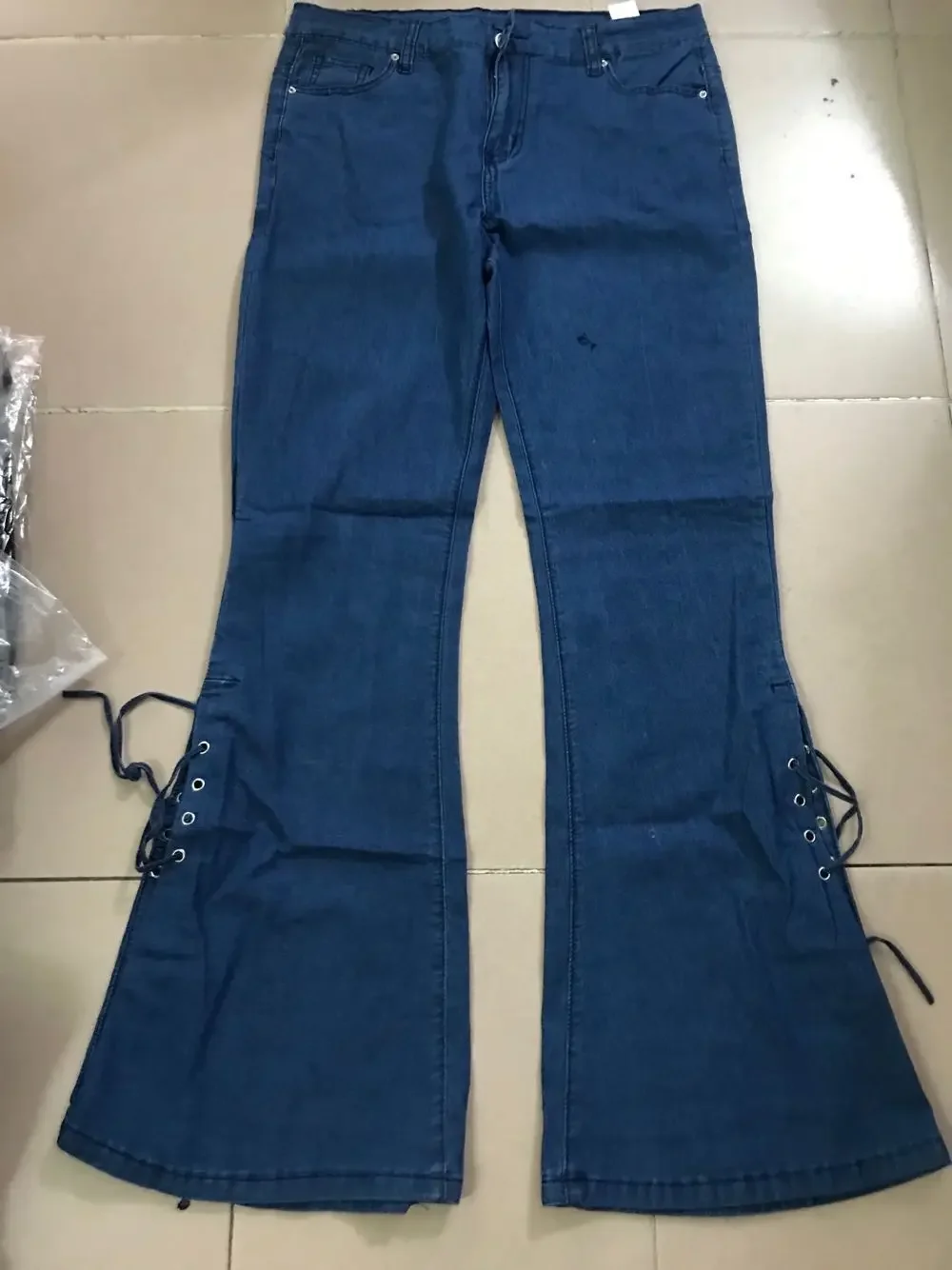 In voller Länge Flare Hosen Frauen Jeans gewaschen Jeans hose Reiß verschluss fliegen locker sitzen Taschen hohe Taille Grundlagen schnüren Vintage