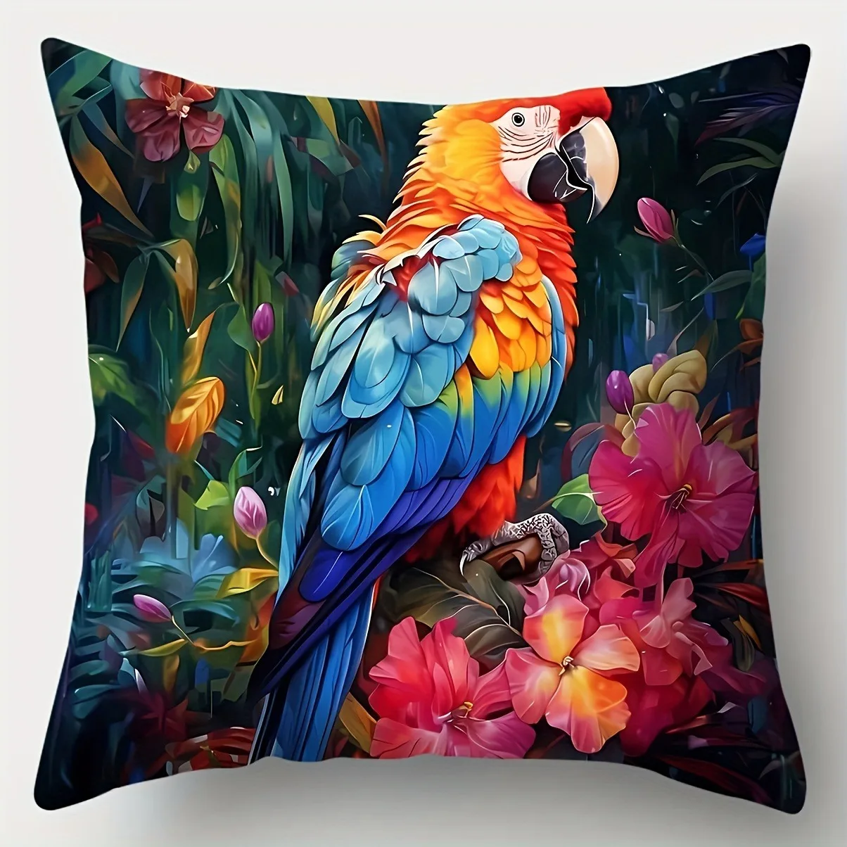 Bright Flowers and Parrot Print Home Decor Pillow Cover Bedroom Living Room Sofa Decoration Polyester Cushion Cover with Zipper