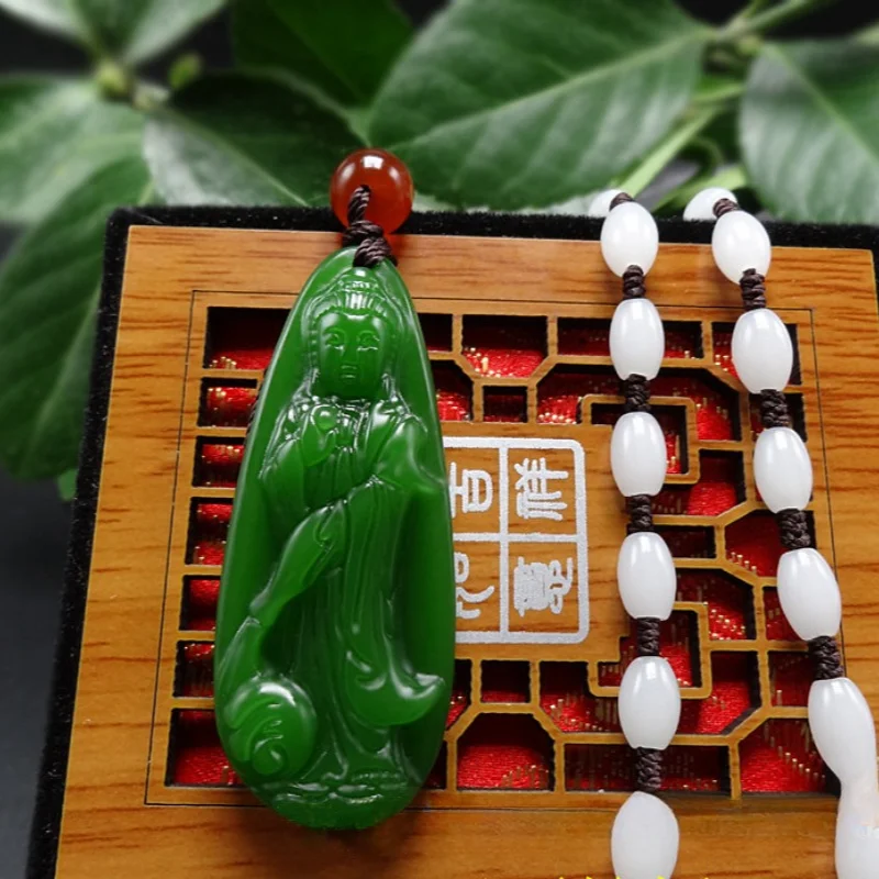 Hetian Jade Jasper Color Guanyin Pendant, Boutique Men's and Women's Spinach Green Jade Guanyin Pendant