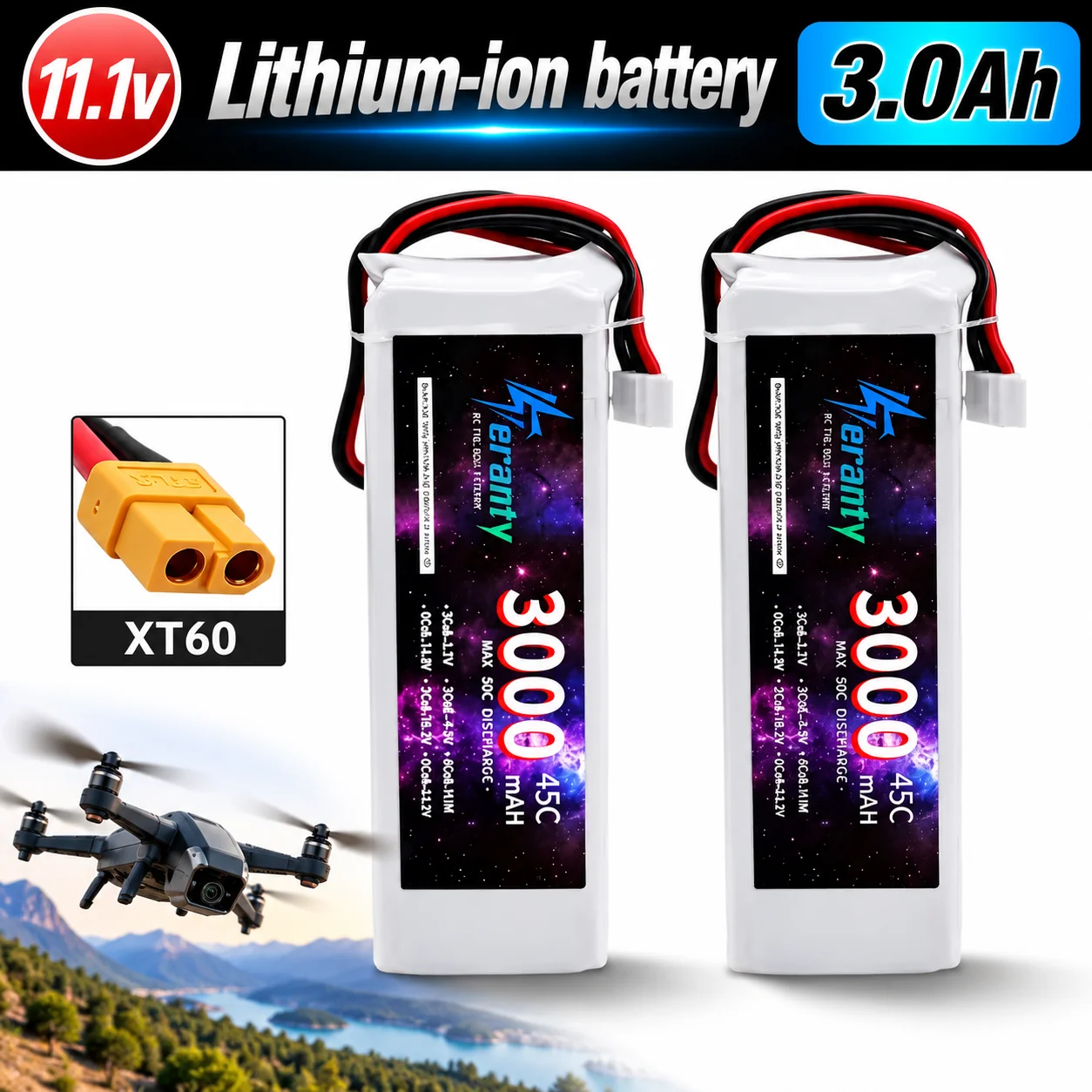 High Rate 45C 11.1V 3S LiPo Battery XT60 for FPV Drone 3000mAh Lithium Polymer Pack, Strong Thrust Racing Freestyle Quadcopter