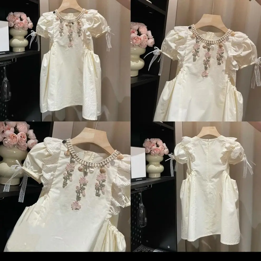 Kids Girls Cream Puff Sleeve Dress Floral Embroidery with Lace Trim & Beaded Neckline Elegant Princess Party Outfit for Toddlers