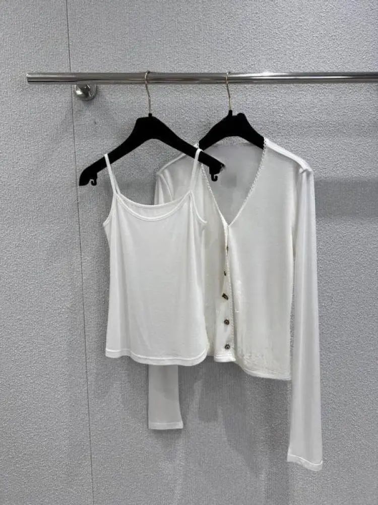 

2025 New Women's Heavy Industry Beaded Vest V-neck Cardigan Jacket Simple Elegant All-match Shirt Top Set