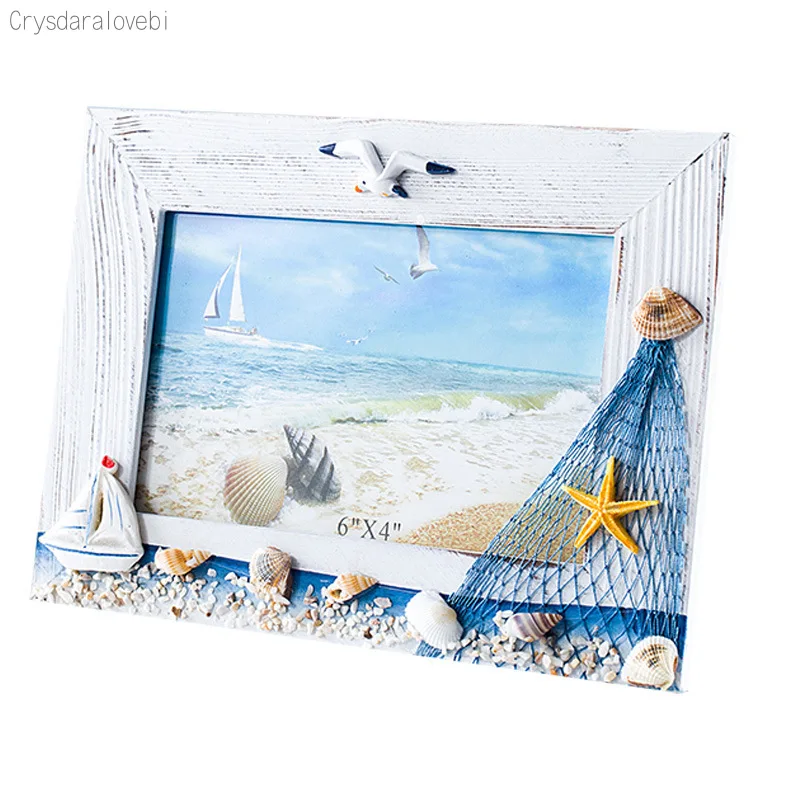 Mediterranean style Ocean Desk Wooden Summer photo frame creative Baby Room decoration 3D Fish Shell Starfish Boat Model