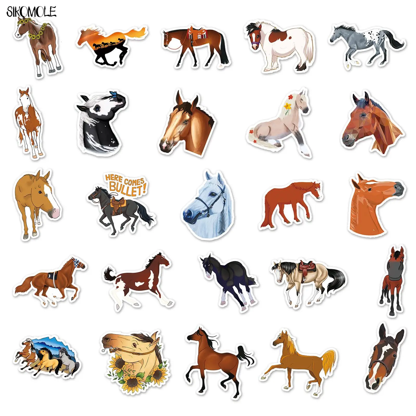 10/30/50PCS Dessin Animé Cheval Animaux Autocollants Cool Esthétique Kawaii Skateboard Ordinateur Portable Téléphone Graffiti Autocollant Enfants