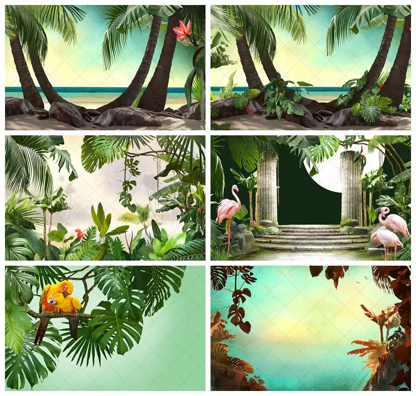 

Tropical Rainforest Palm Tree Leaves Photography Backdrops Coconut Forest Custom Vacation Scenery Flamingo Backgrounds