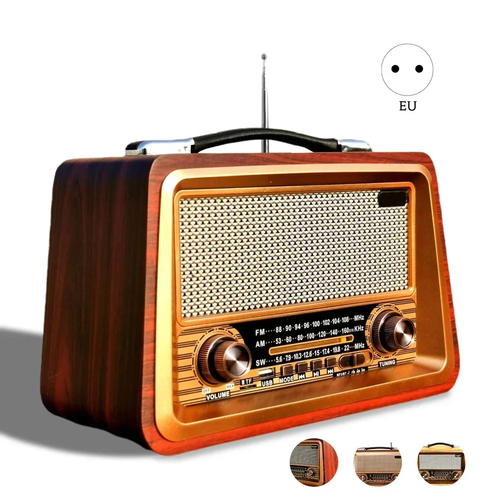 USB Mp3 Player Outdoor R-2066BT Retro Multi Band Portable Speaker Box Real Wooden Rechargeable Radio with Wireles Bluetooth Link