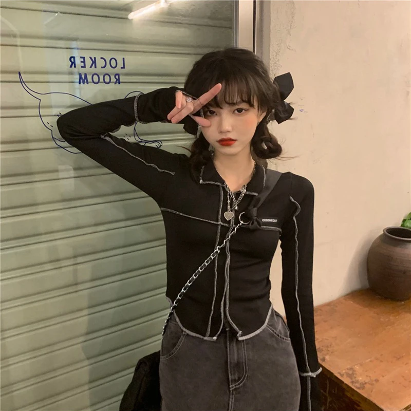 MEXZT Harajuku Black T Shirt Women Turn Down Collar Crop Tops Korean All Match Slim Spliced Long Sleeve Y2K Vintage Tees New