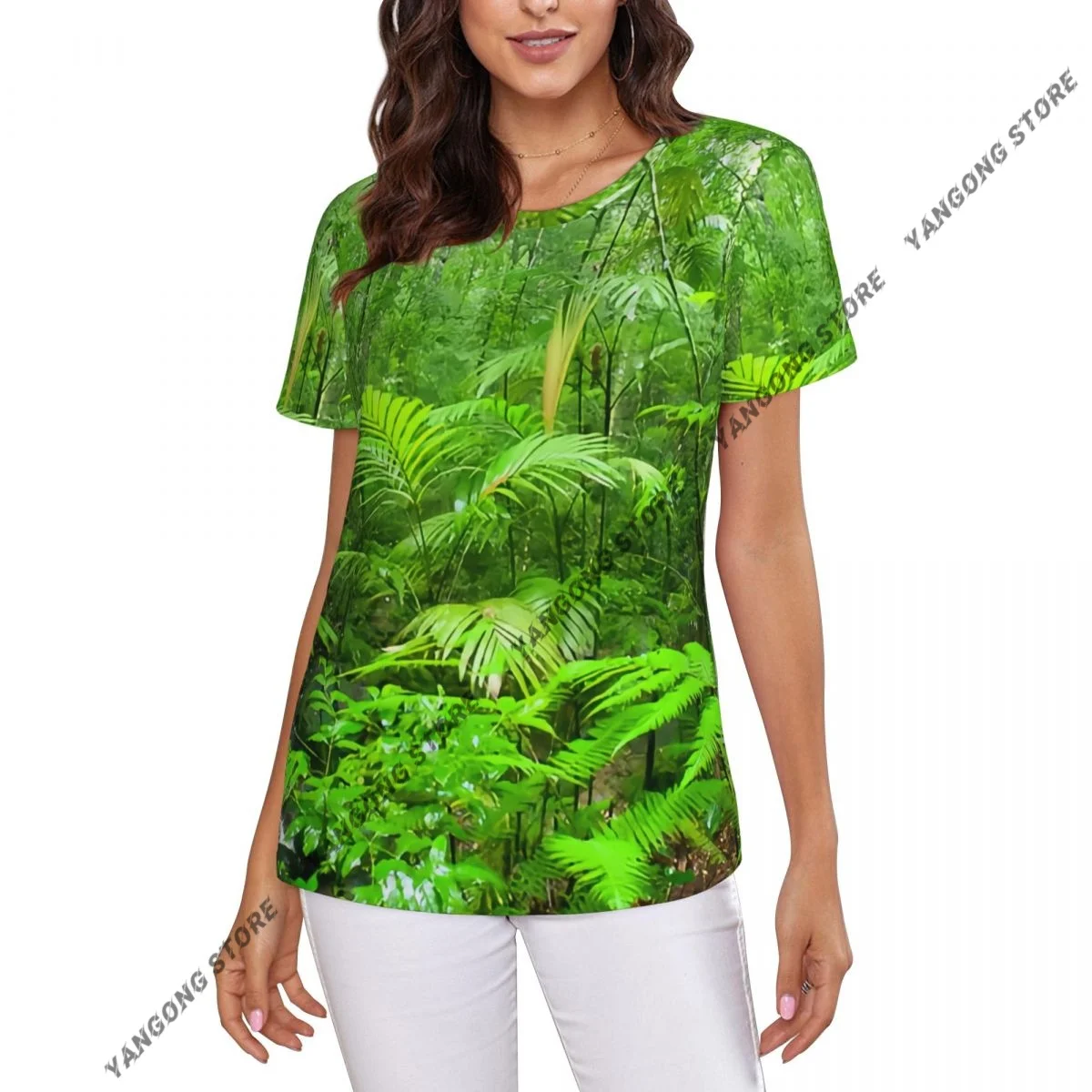 Casual Summer Woman Skinny Fit T-shirt Tight Short-Sleeve O-neck Tee Basic Tropical Forest On Rainy Morning T Shirt