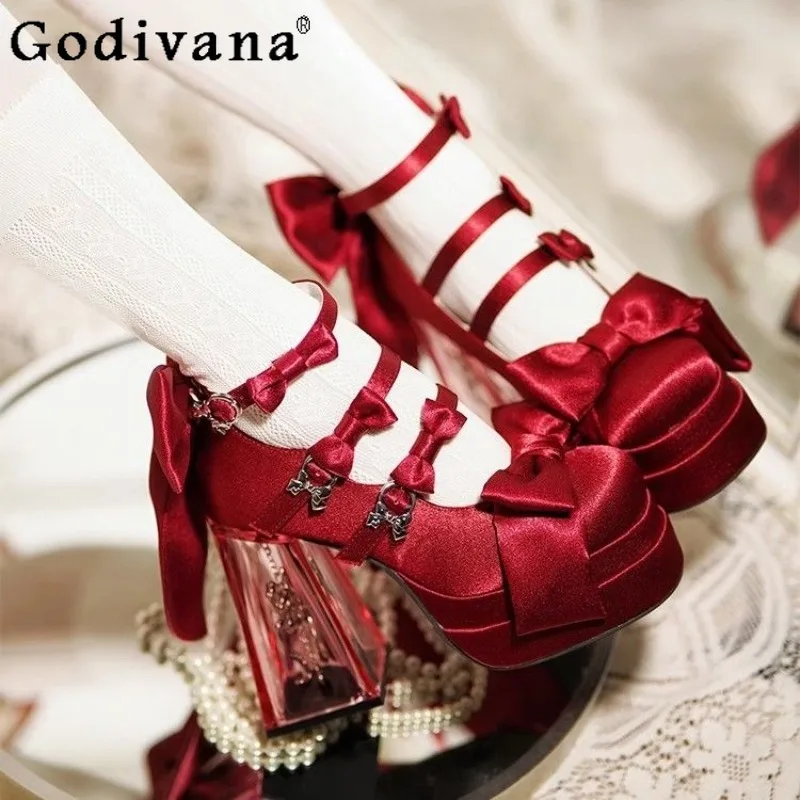 

Lolita Girl Sweet Double Layer Shoes Waterproof Platform Chunky Heel Lolita Shoes Women Cute Elegant Velvet Bowknot Shoes