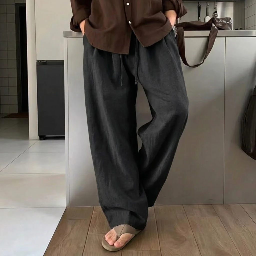 Autumn Men Casual Cotton Baggy Pants Wide Leg Pants Loose Fit Sport Straight Trousers Breathable Lightweight Linen Sweatpants