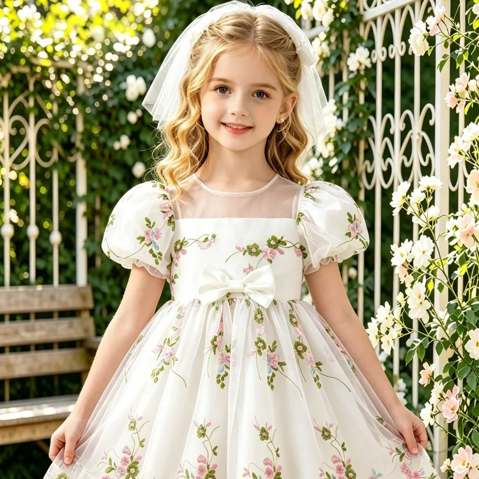 Romantic Girls Puff Sleeve Floral‑embroidered Tulle Dress Big Bow Kids Flower‑girl Birthday Wedding Party Princess Gown ZD36