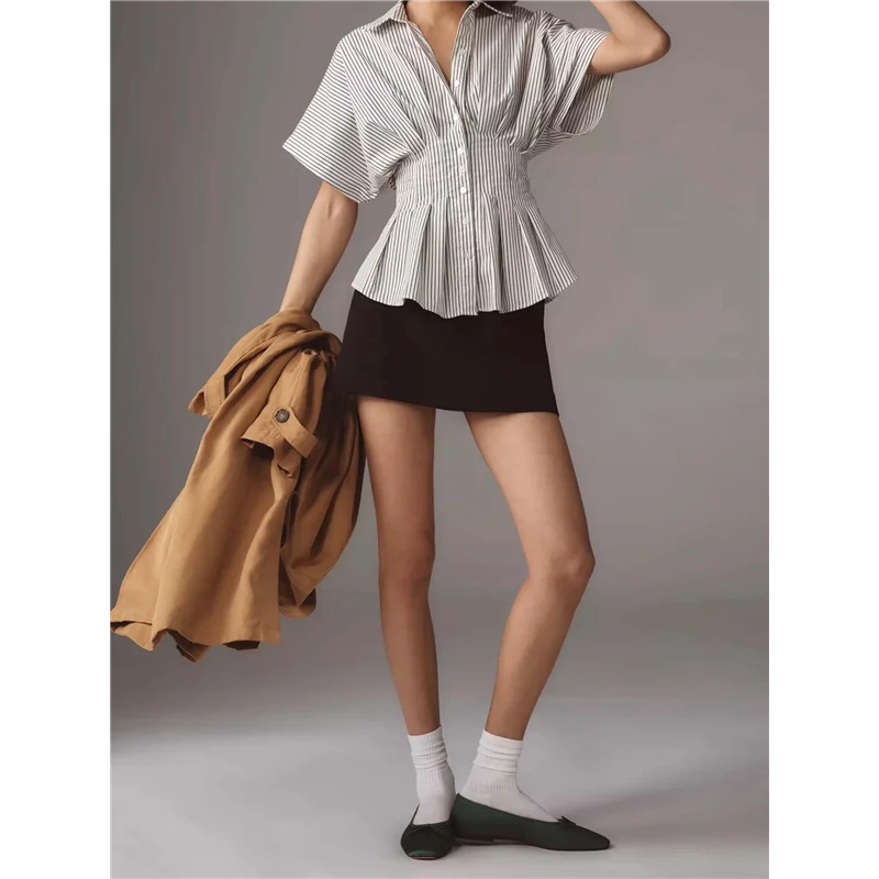 

NEW-Striped Button Down Shirts For Women Short Sleeve Pleated Corset Blouse Casual Summer
