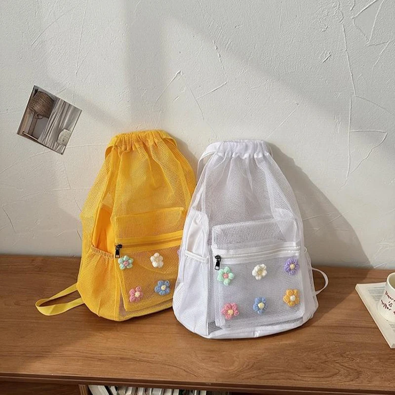 Japanese Cute 3D Flower Mesh Backpack Large Capacity Lightweight Trendy Street Backpack Portable Travel Vacation Storage Bag