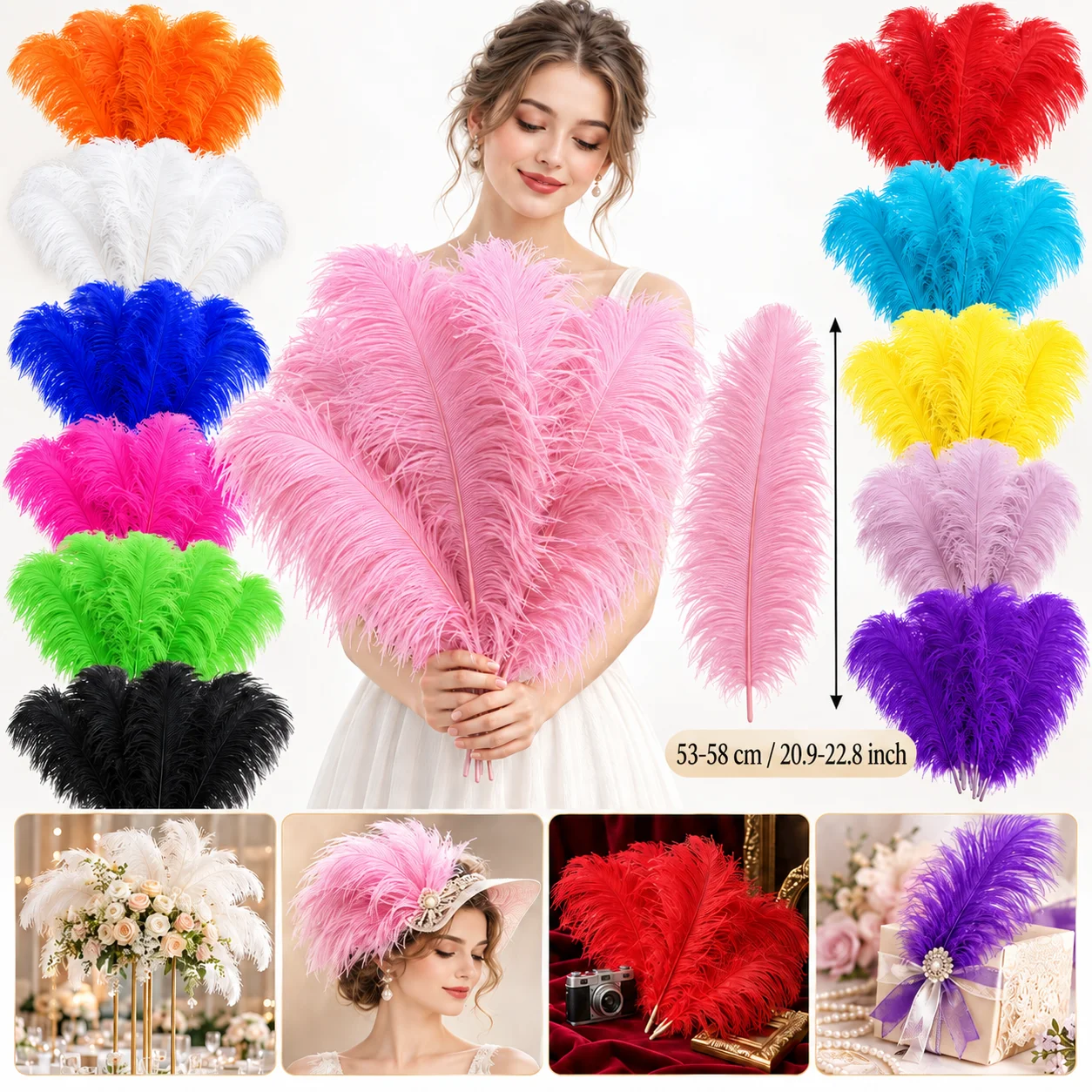 2/5/10PCS 21 Colors Natural Ostrich Feathers 53-58cm/20.9-22.8in Thin Quill Soft Plumes Wedding Party DIY Decoration