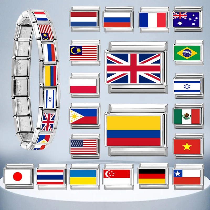 Wholesale 2025New Stianless Steel World National Flag Colorful Italian Charm Fit 9mm Bracelet Link Hand Chain DIY Making Jewelry