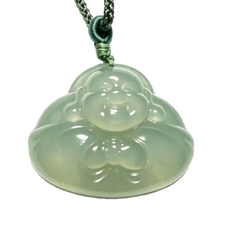 Natural Xinjiang Hotan Green-White Embracing Silk Maitreya Laughing Buddha Necklace Jade Pendant w