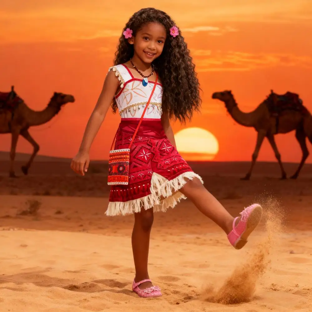 

New Movie Moana 2 Dress for Girls Adventure Costume Girl Princess Fancy Clothes Children Vaiana Carnival Party Necklace Wig Set