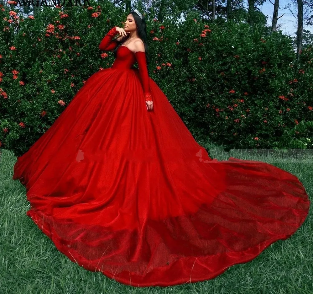 Red Quinceanera Dress 2025 Ball Gown Princess Long Detachable Sleeves Chapel Train Sweet 15 16 Birthday Party Gowns Custom Made