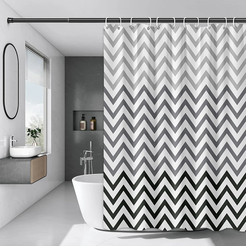 Bathroom Waterproof PEVA Shower Curtain Set with Hooks for Bathtub Black and White Wavy Mildew Curtain Translucent Bath Screen