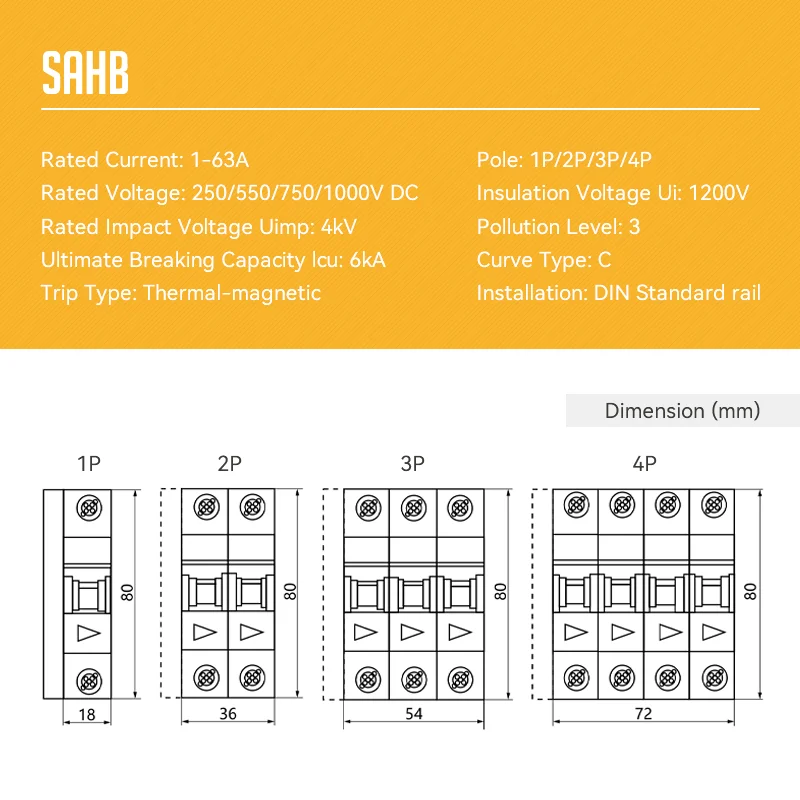 SAHB Din Rail PV Solar Mini Circuit Breaker 550V 800V Overload Protection Switch 6A~63A 2P MCB for Photovoltaic PV System