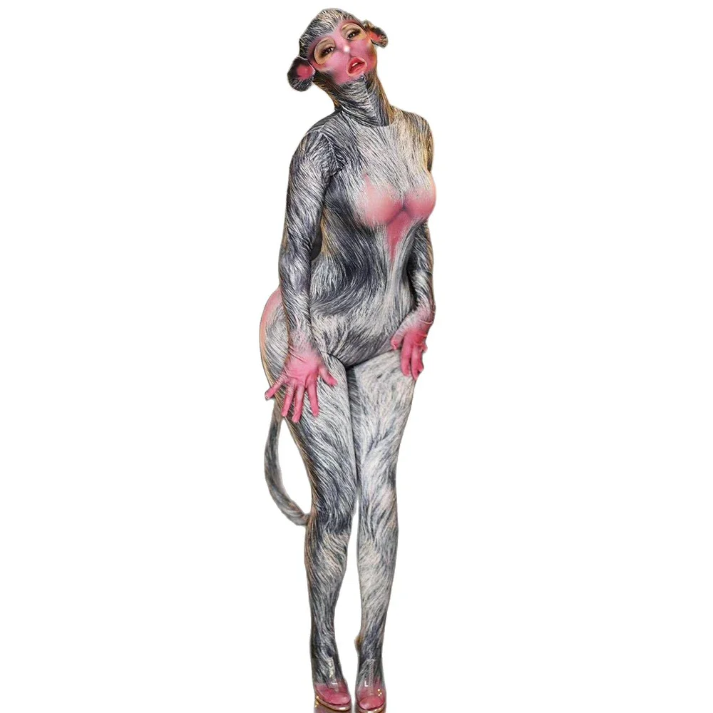 Fashion Fur Printed Role-Playing Monkey Jumpsuit Adult Women Tight Stretch Bodysuit Halloween Performence Costumes Outfit