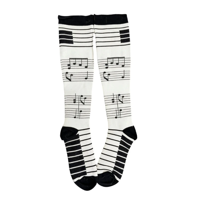 Fashion Women Knee Length Socks Cotton Piano Print Japanese Aesthetic Music Theme Stockings for School and Dancing