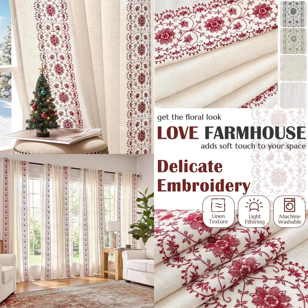 

Винтажные красные льняные шторы с цветочным принтом, 63, светофильтрующие шторы для спальни и гостиной, дизайн с карманами для стержней