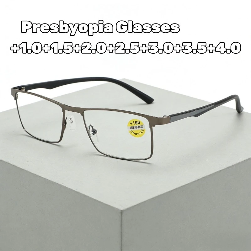 

Men's Business Style Presbyopia Glasses Metal Square Frame Reading Glasses TR90 Anti-Blue Light Glasses with Plus Diopters