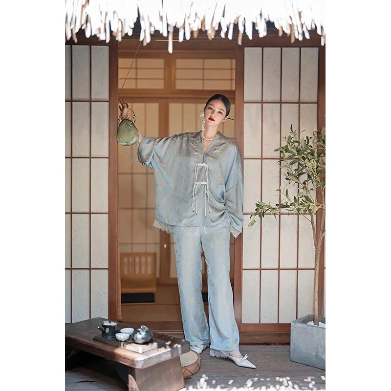 

Sleepwear for Women Vintage Flower Print 2 Piece Female Suits V Neck Long Sleeve +High Waist Wide Leg Pants Set Fashion Homewear