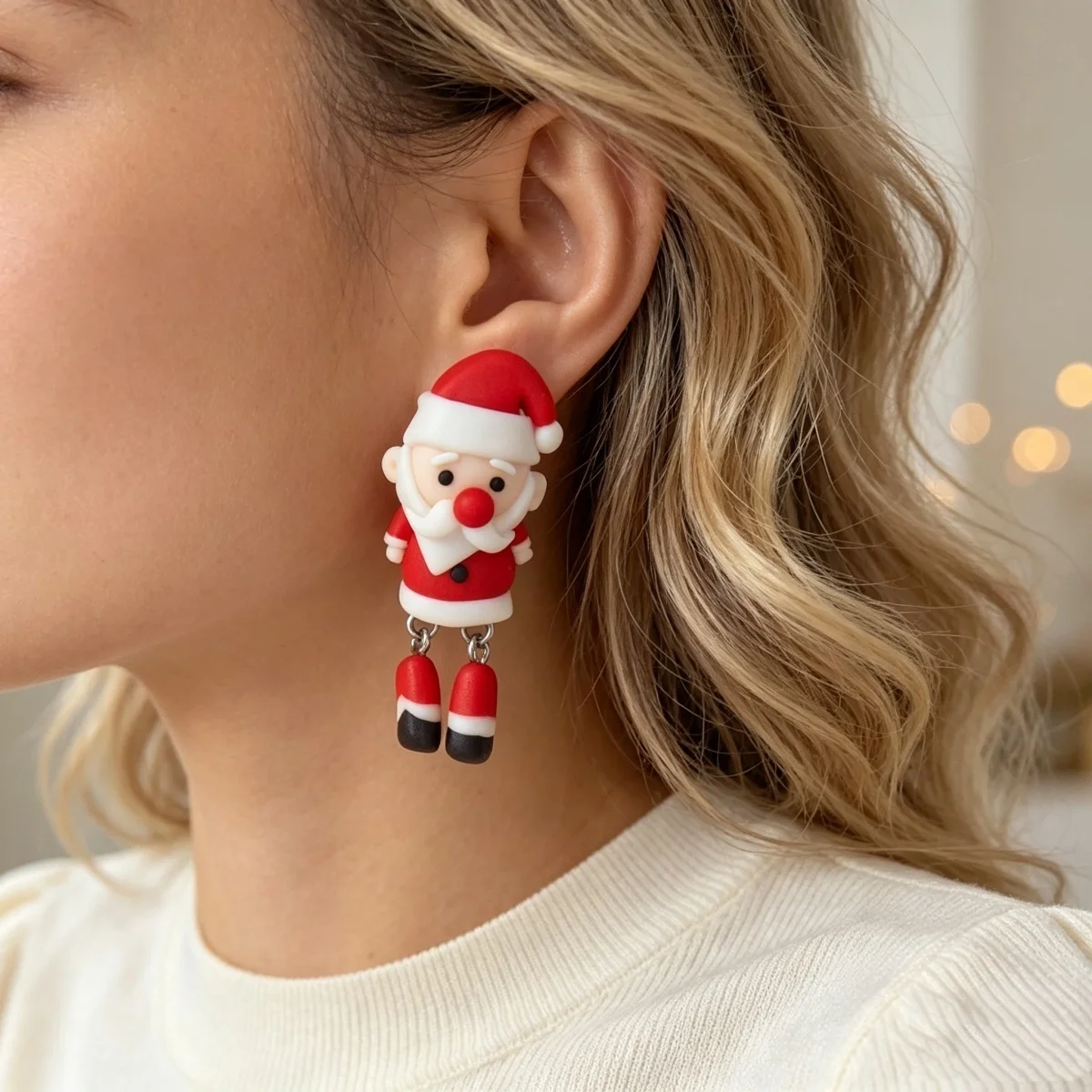 Modische Ohrstecker aus weichem Ton mit Weihnachtsmann-Motiv für Damen, exquisite Weihnachtsmann-Ohrringe aus Kunstharz, Neujahrsparty-Schmuck – Detail 8
