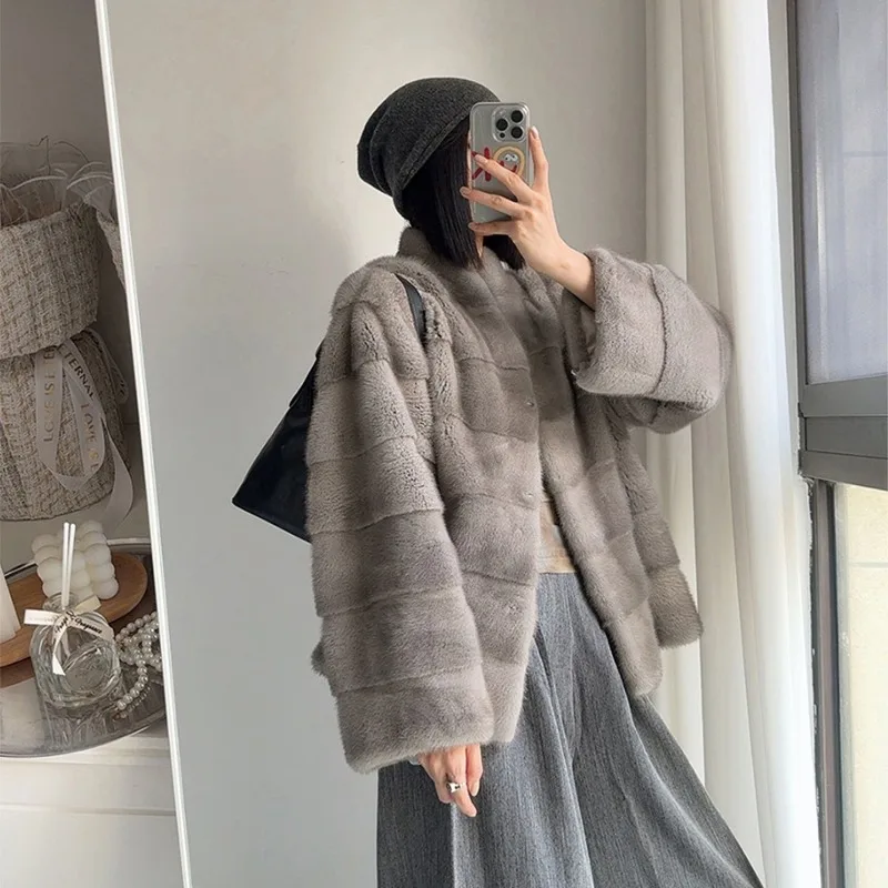 Luxusmarke Hochwertige Kunstnerzmantel für Damen Mittellange Pelzjacke Vintage V-Ausschnitt Strickjacke Warme Herbst-Winter-Oberbekleidung